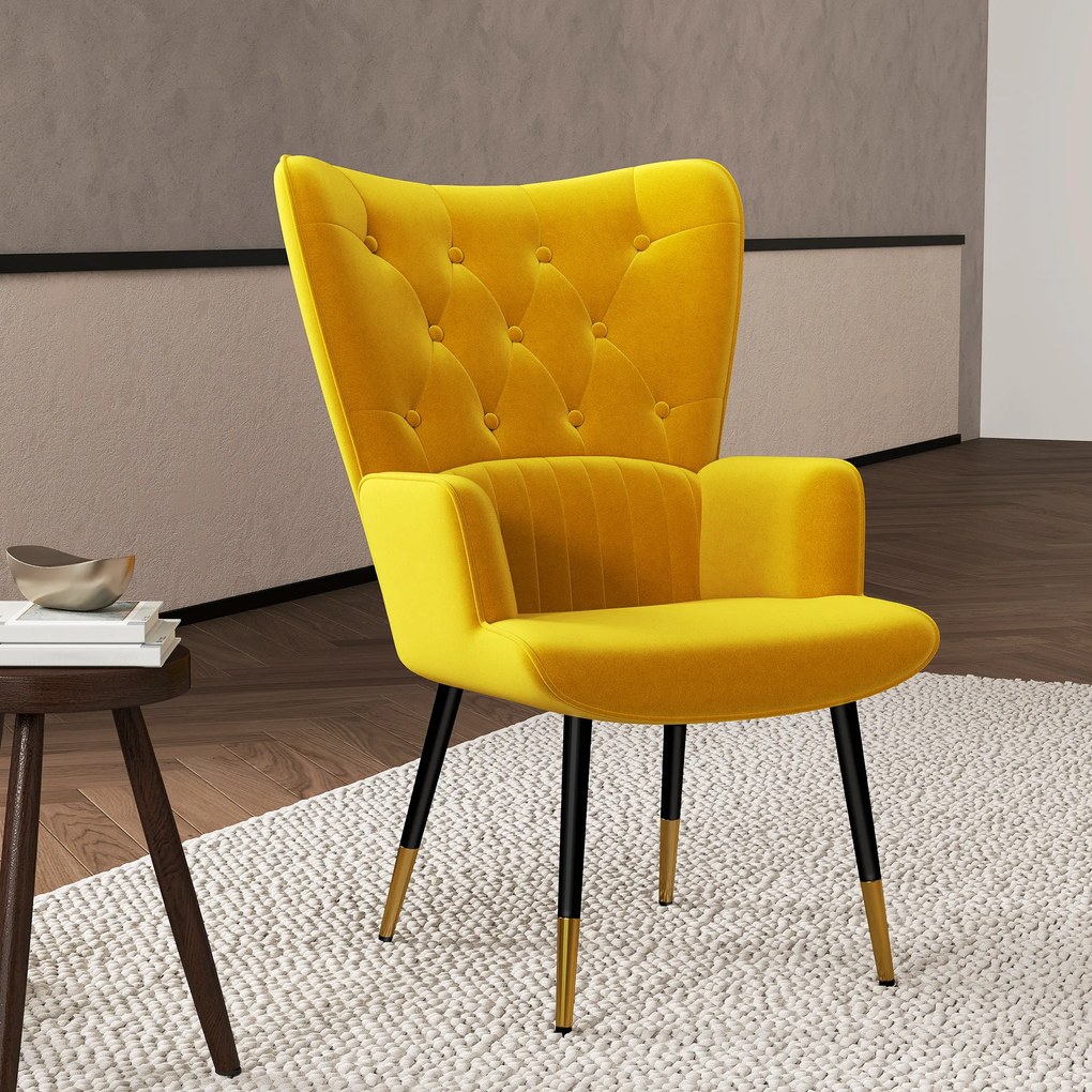 Poltrona Individual Estofada em Veludo com Encosto Alto Apoio para os Braços e Pés de Aço Estilo Moderno 68x72x103 cm Amarelo