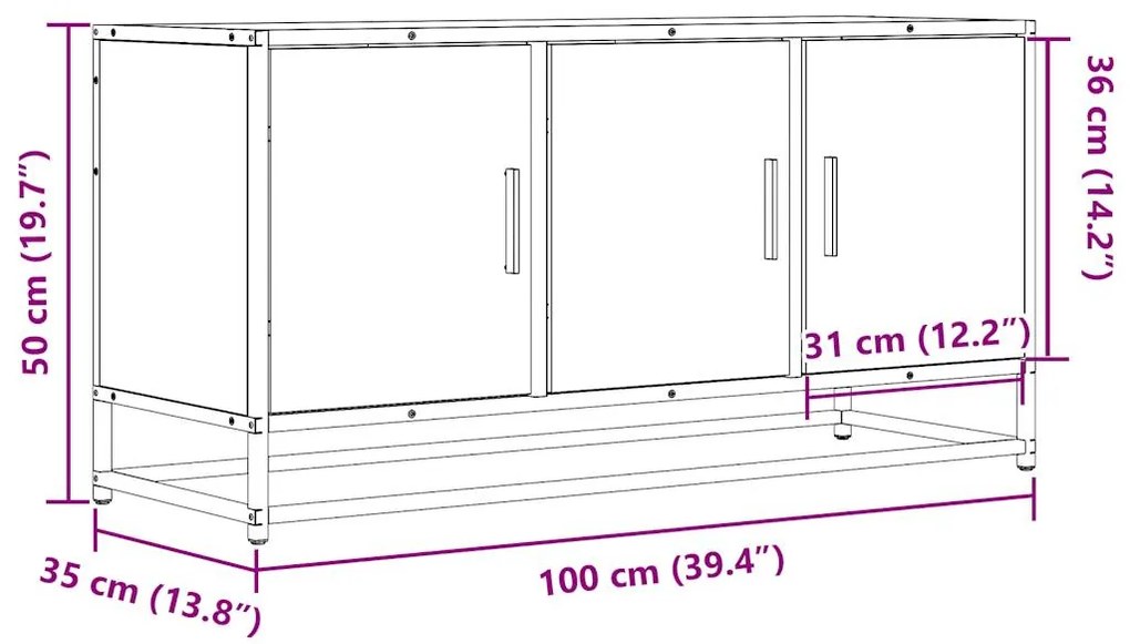 Móvel p/ TV 100x35x50cm derivados madeira/metal carvalho fumado