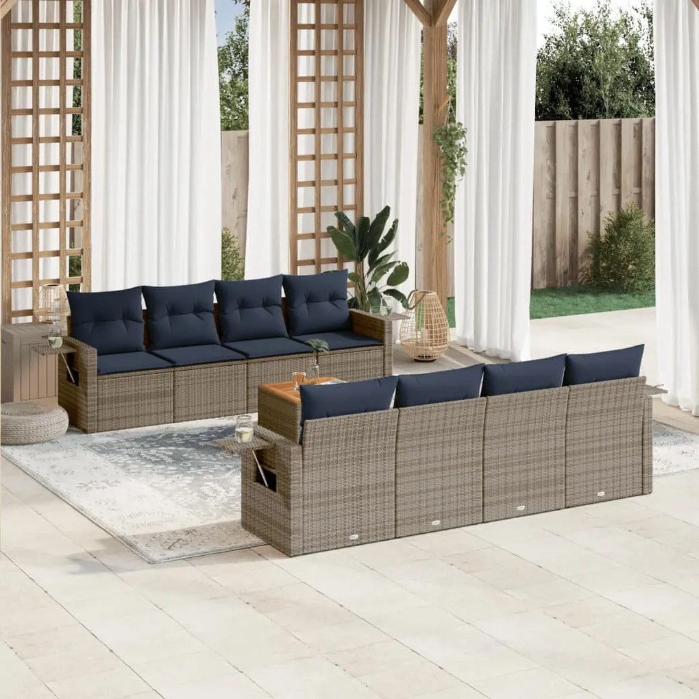 vidaXL 9 pcs conjunto sofás p/ jardim c/ almofadões vime PE cinzento