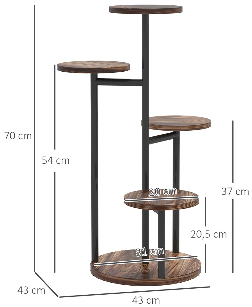 Suporte para Plantas de 5 Níveis Suporte para Plantas de Madeira e Aço com 5 Prateleiras Redondas 43x43x70 cm Madeira