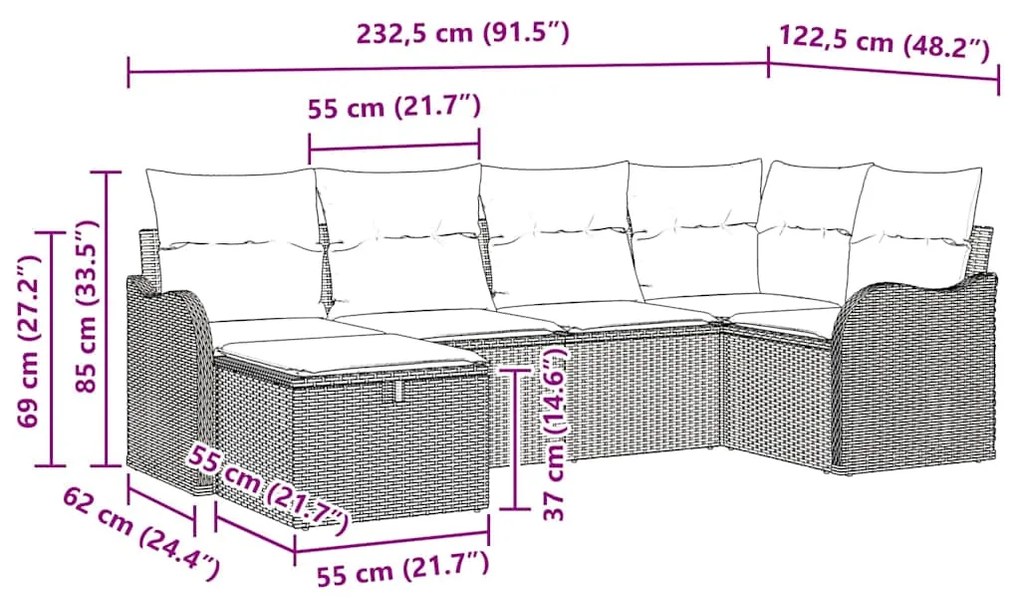 Conjunto de Sofás de Jardim com Almofadas Cinza Vime Poliéster