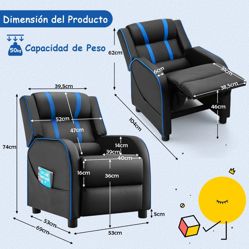 Cadeira reclinável para crianças em pele com encosto e apoio para os pés ajustáveis 69 x 53 x 74 cm Preto e azul