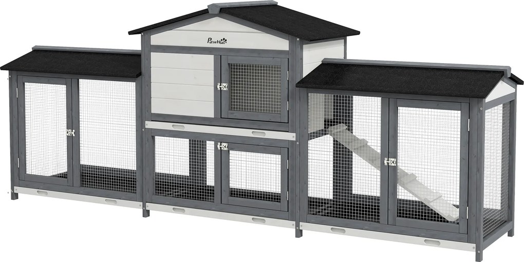 PawHut Casa para pequenos animais com recinto exterior, com rampa, telhado asfáltico, madeira de abeto, cinza | Aosom Portugal