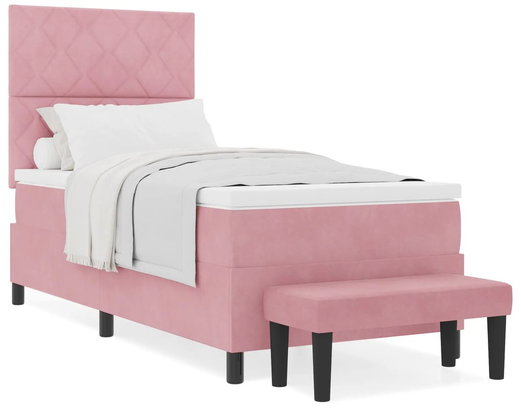 Cama Box Spring Rosa com Colchão e Banco 90x190 cm Veludo