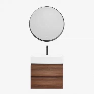 Conjunto De Móvel De Casa De Banho Em Madeira E Chapa De Freixo Com Lavatório Integrado Ona Madeira Escura & Redondo Led - Sklum