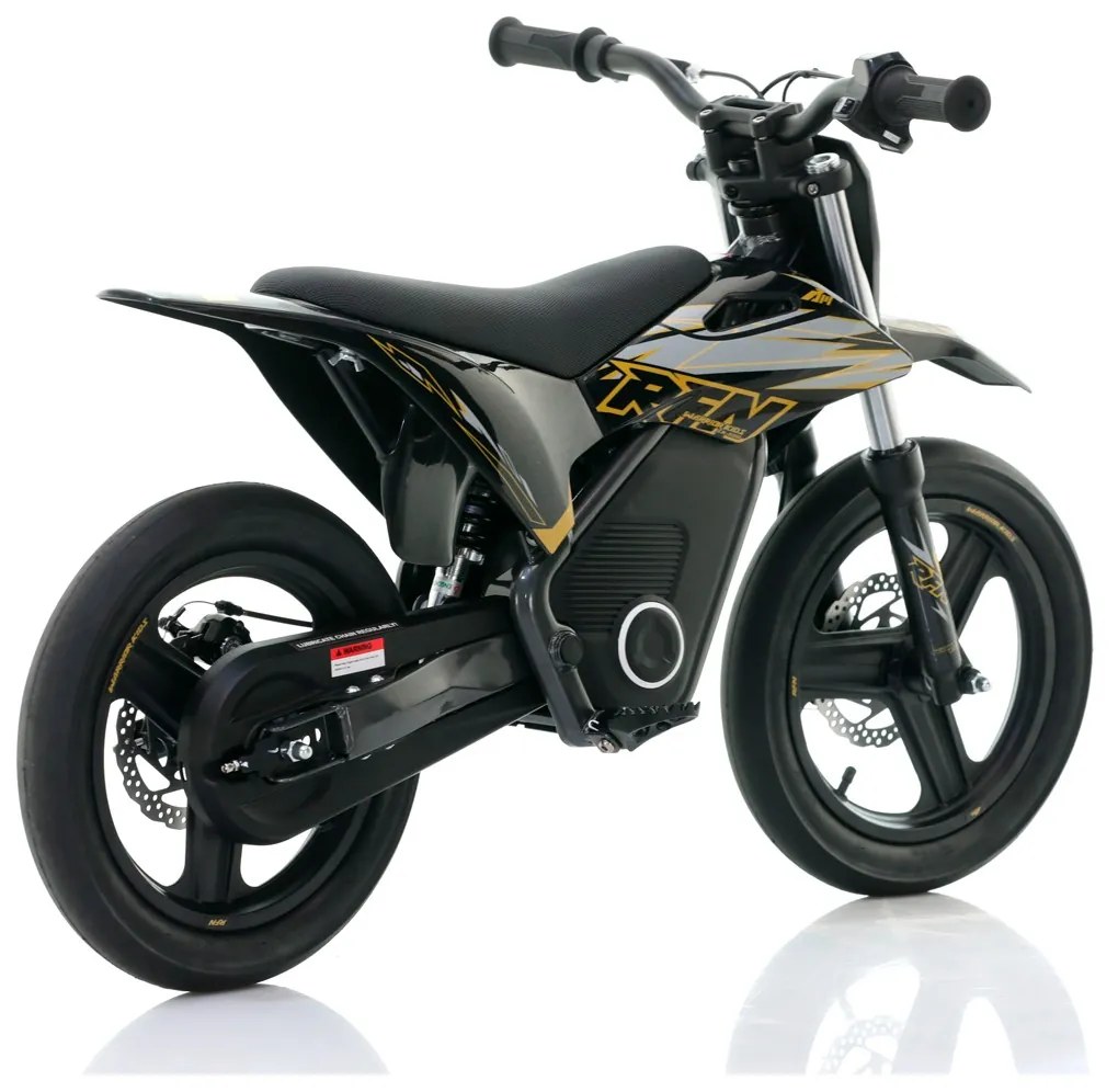 Mini moto elétrica para crianças velocidade até 30Km/h C/Limitador RFN SX-E350 WARRIOR 350W Supermotard 14/14” Preto e Dourado