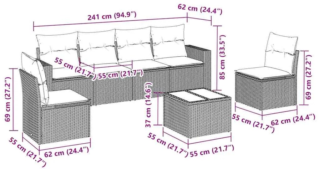 7 pcs conjunto de sofás p/ jardim c/ almofadões vime PE preto