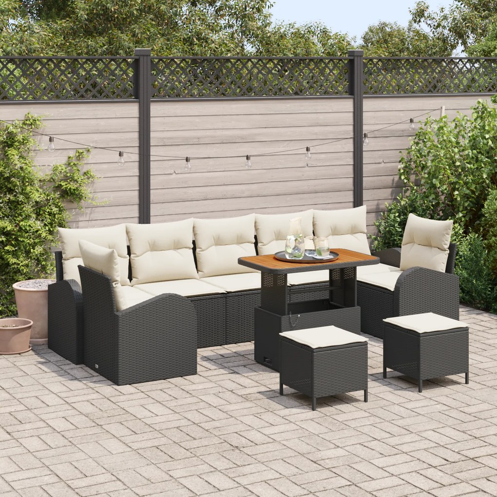 Conjunto de Sofá de Jardim de 10 Peças com Almofadas Preto Rattan Poliéster Acácia