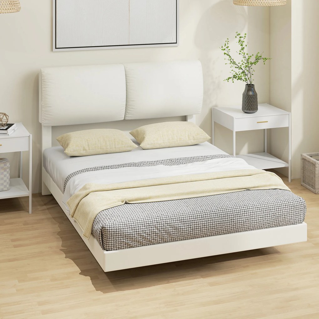 Cama de Casal 135x190 cm (COLCHÃO NÃO INCLUIDO)Estrado com Cabeceira Acolchoada Efeito Flutuante Estrutura Metálica Bege