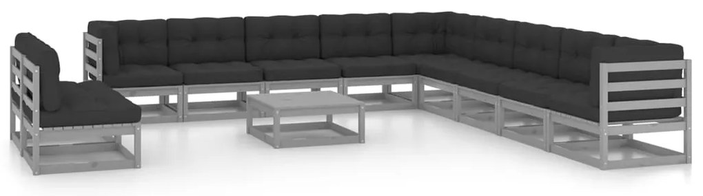 12pcs conjunto lounge de jardim + almofadões pinho maciço cinza