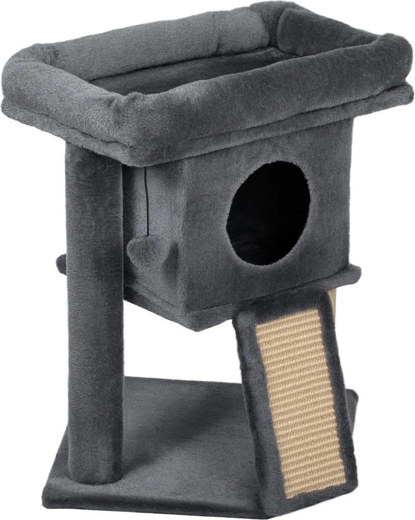 Arranhador para Gatos Pequenos 57 cm com Rampa para Arranhar Caverna Cama e Bola Suspensa 40x40x57 cm Cinzento Escuro