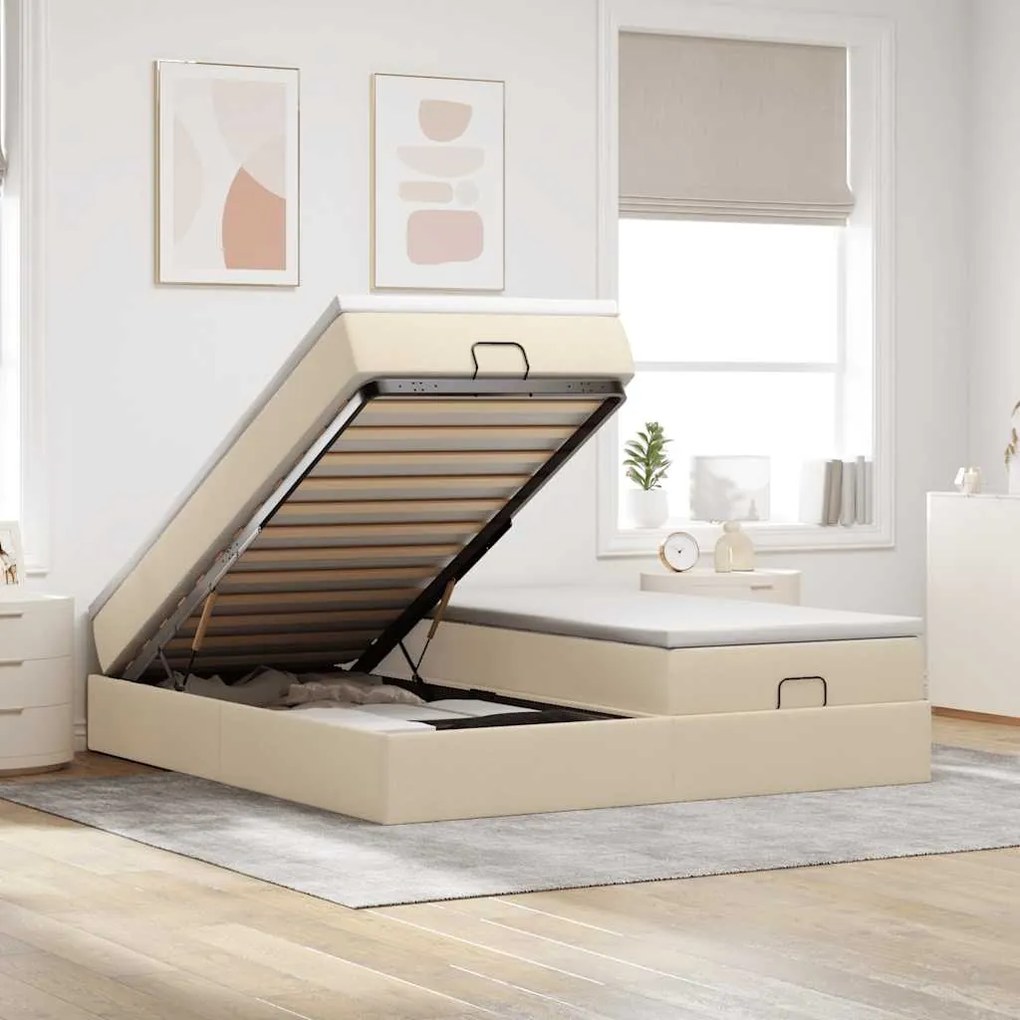 vidaXL Estrutura de cama otomana com colchões tecido creme 200x200cm