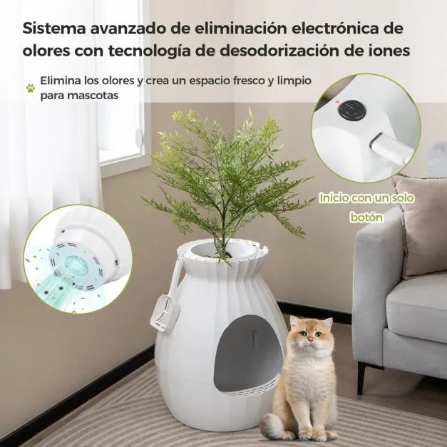 Caixa de areia oculta para gatos com planta artificial sintética Eliminação eletrónica de odores e esterilização 50 x 50 x 59 cm Branco