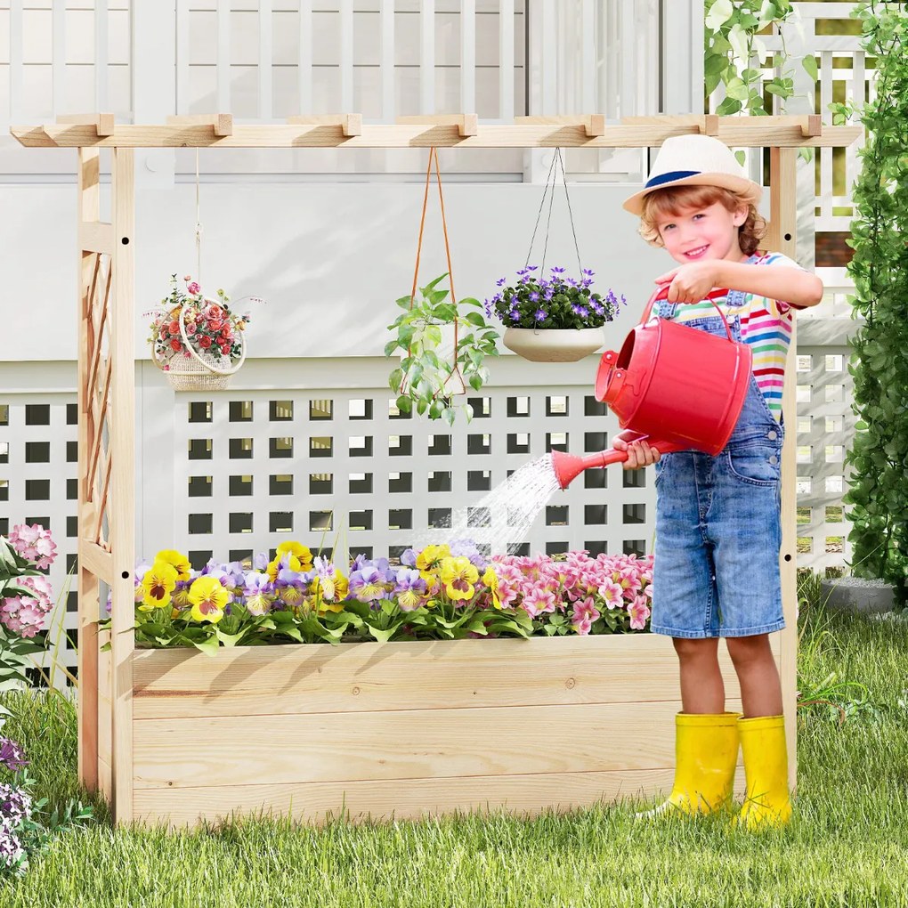 Floreira de jardim elevada com treliça, teto suspenso e drenagem de madeira para flores para pátio 118 x 40 x 103 cm Natural