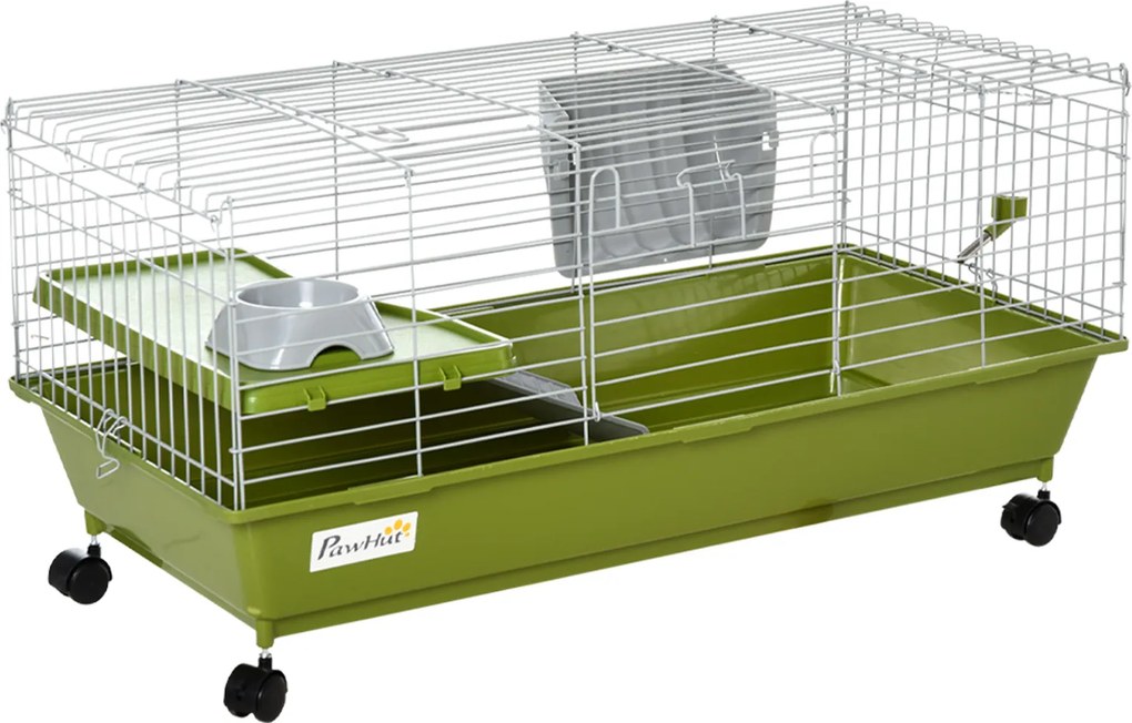 PawHut Gaiola para Pequenos Animais com Rodas, Bebedouro, Comedouro e Dispensador de Feno, para Coelhos e Porquinhos-da-Índia, 89x44x43 cm, Verde | Aosom Portugal