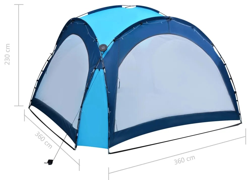 Tenda festas com LEDs e 4 paredes laterais 3,6x3,6x2,3 m azul