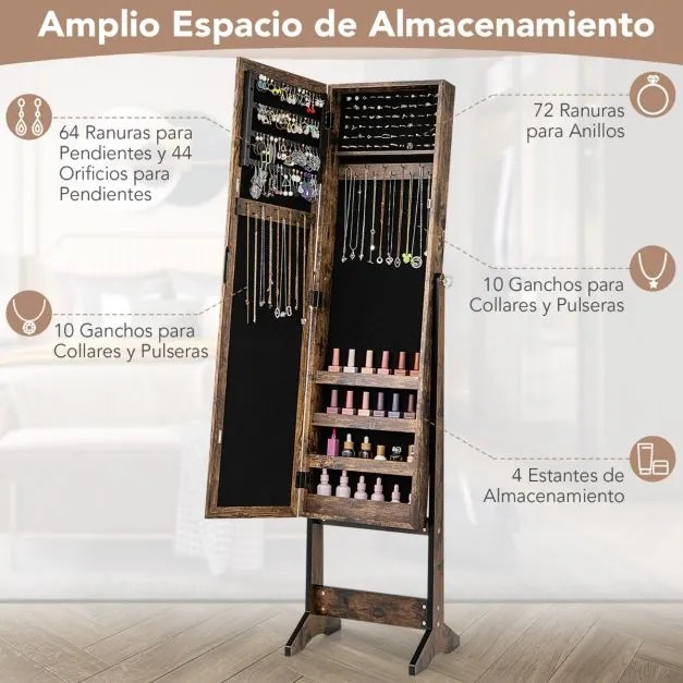 Armário para joias com espelho de corpo inteiro  35 x 30 x 144 cm e 3 ângulos ajustáveis Organizador de joias 2 em 1 Natural