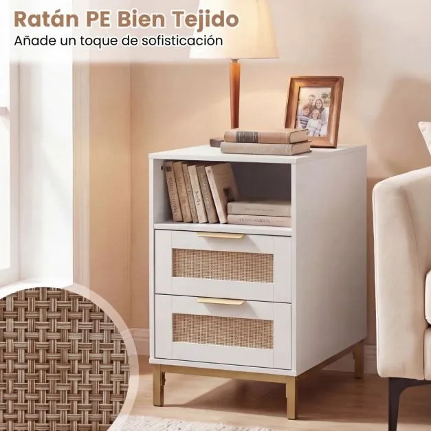 Mesa de cabeceira, Mesa apoio 60 x 35 x 61 cm em rattan com estação de carregamento e 2 gavetas estilo boho branco e dourado