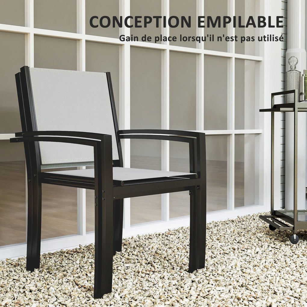 Conjunto de 2 cadeiras de jardim empilháveis para exterior com braços (MESA NÃO INCLUIDA), estrutura em aço 60 x 65 x 85 cm cinza claro