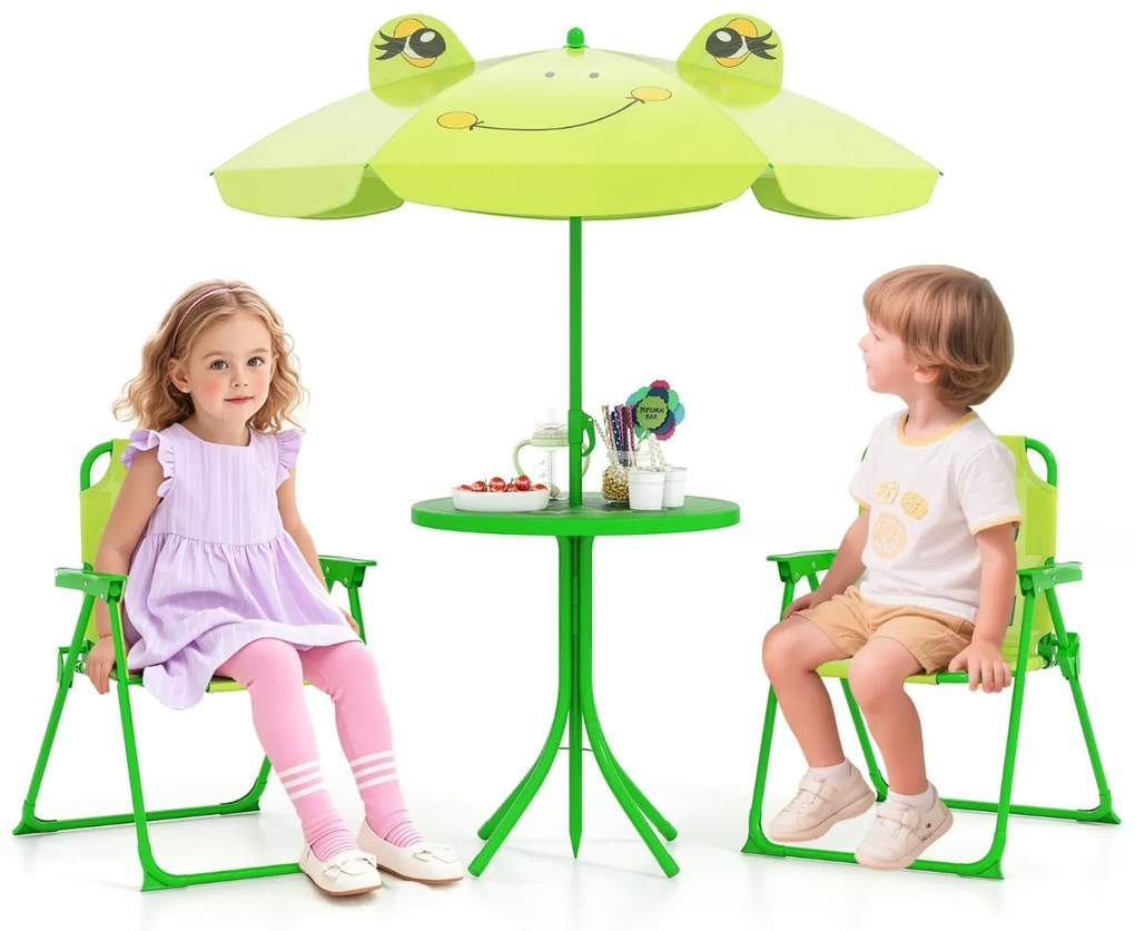 Conjunto de piquenique para Crianças 3-6 anos Mesa de atividades ao ar livre com 2 cadeiras dobráveis e guarda-sol ajustável em altura Verde claro