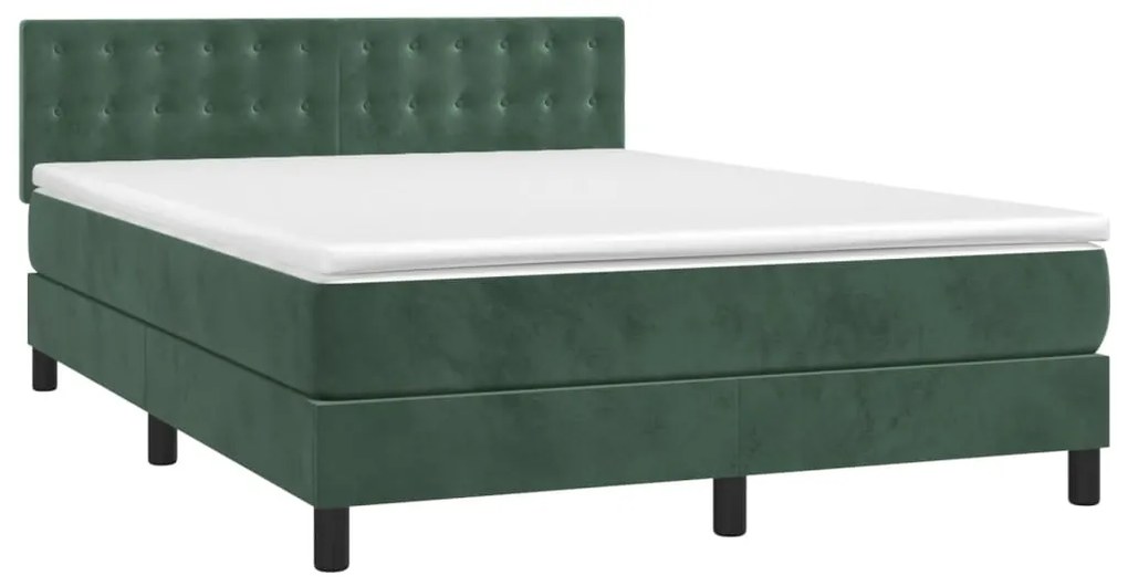 Cama box spring c/ colchão/LED 140x190 cm veludo verde-escuro