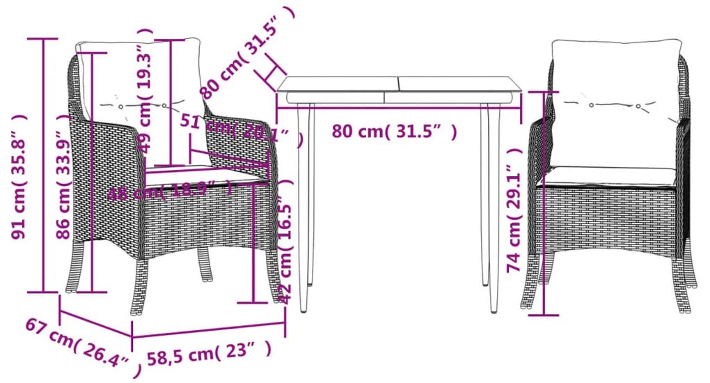 3 pcs conjunto de jantar p/ jardim c/ almofadões vime PE preto