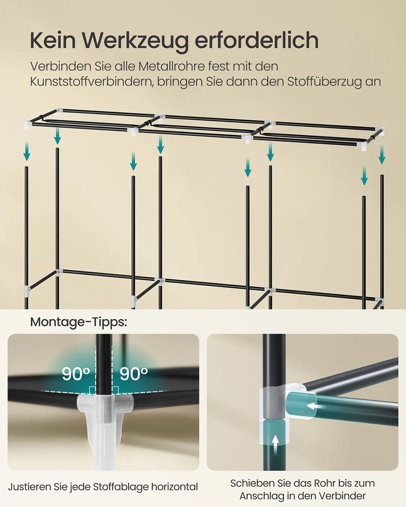 Guarda roupa tecido 45 x 188 x 176 cm com 3 compartimentos suspensos, preto