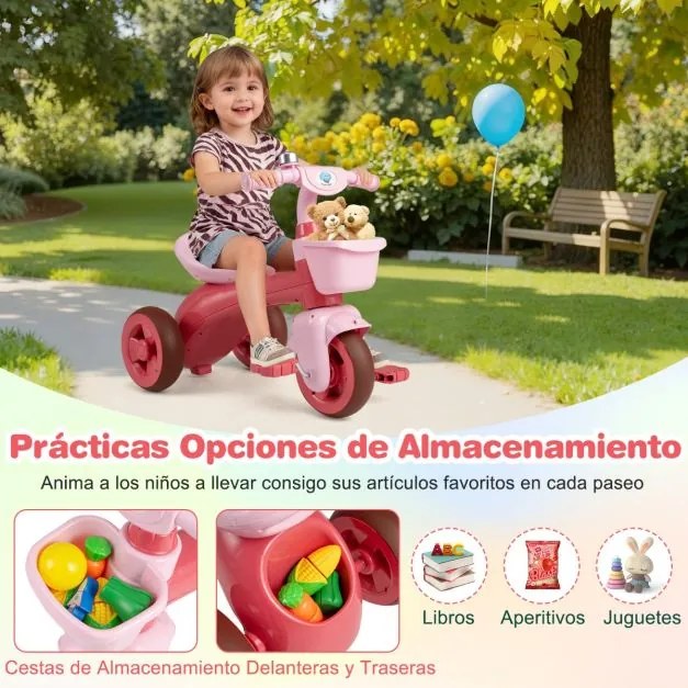Triciclo para crianças com direção limitada, assento ergonómico, cestos dianteiro e traseiro e campainha para 3-5 anos, cor rosa