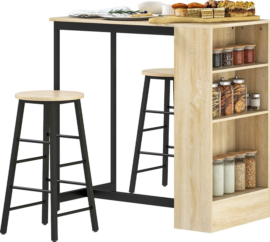 Conjunto de mesa de bar com bancos, compartimentos abertos, prateleira ajustável e apoio para os pés, em carvalho e preto