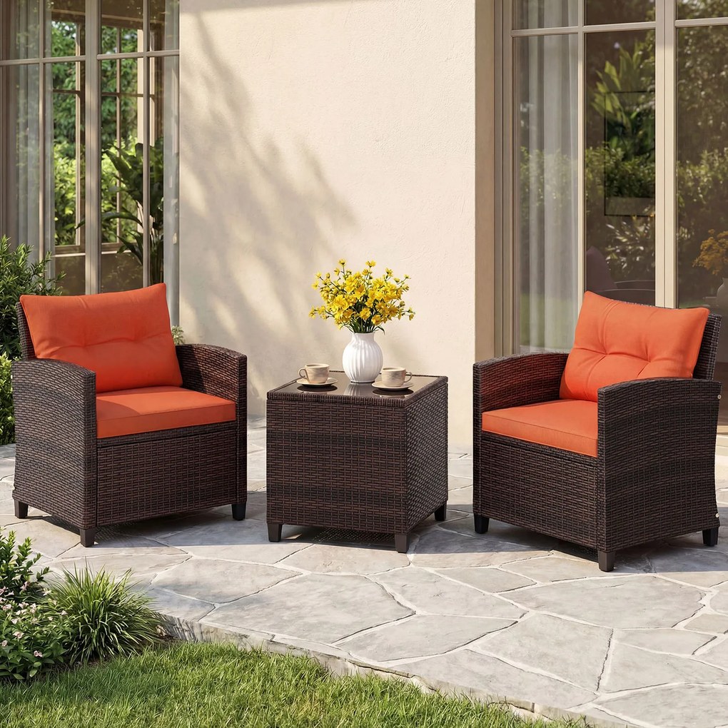 Conjunto jardim de 3 peças: cadeiras de rattan e mesa com tampo de vidro temperado. Mobiliário de exterior em vime para pátio, Castanho com almofadas