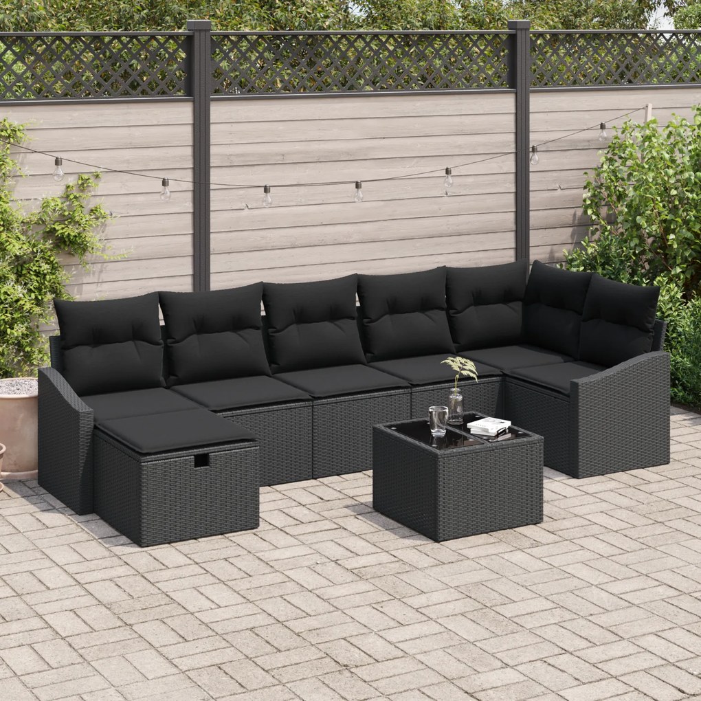 Conjunto de Sofás de Jardim de 8 peças com Almofadas Preto Polirattan