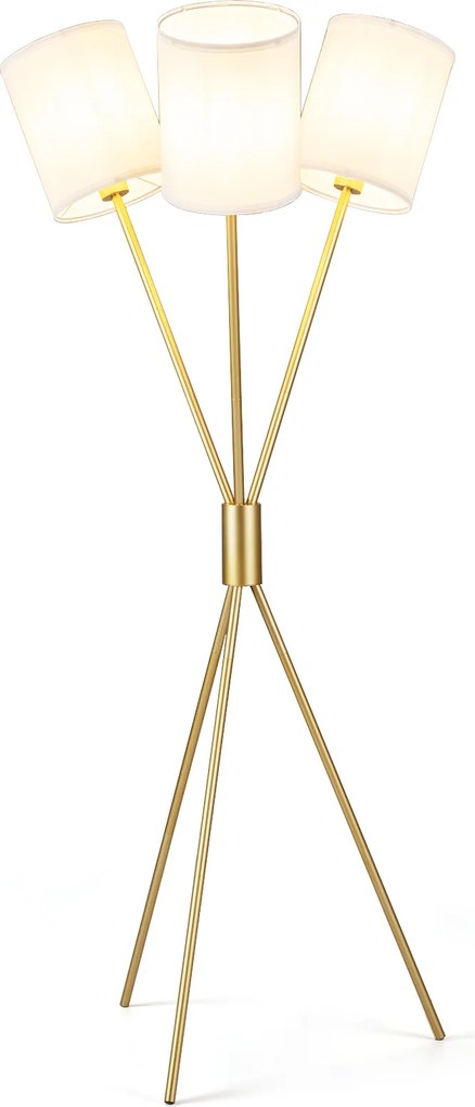 Candeeiro de Pé com Tripé, 58,5 x 57 x 160 cm, 3 Abajures de Tecido, Dourado