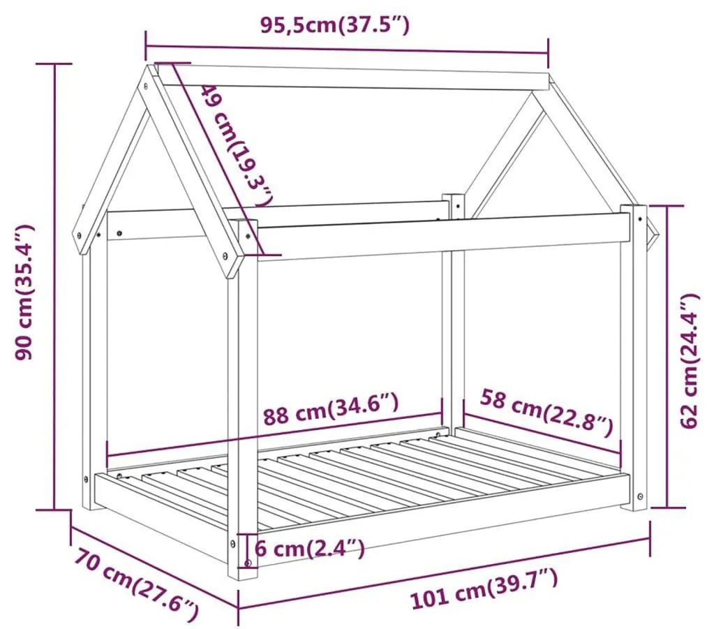 Cama para cães 101x70x90 cm madeira de pinho maciça cinza