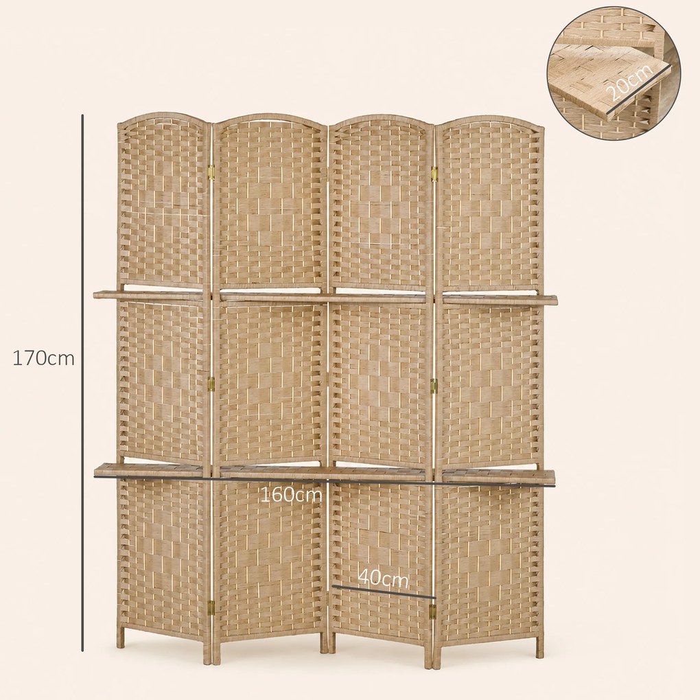 Biombo de 4 Painéis 160x170 cm Separador de Ambientes Dobrável com 2 Prateleiras de Exibição para Escritório Quarto Natural
