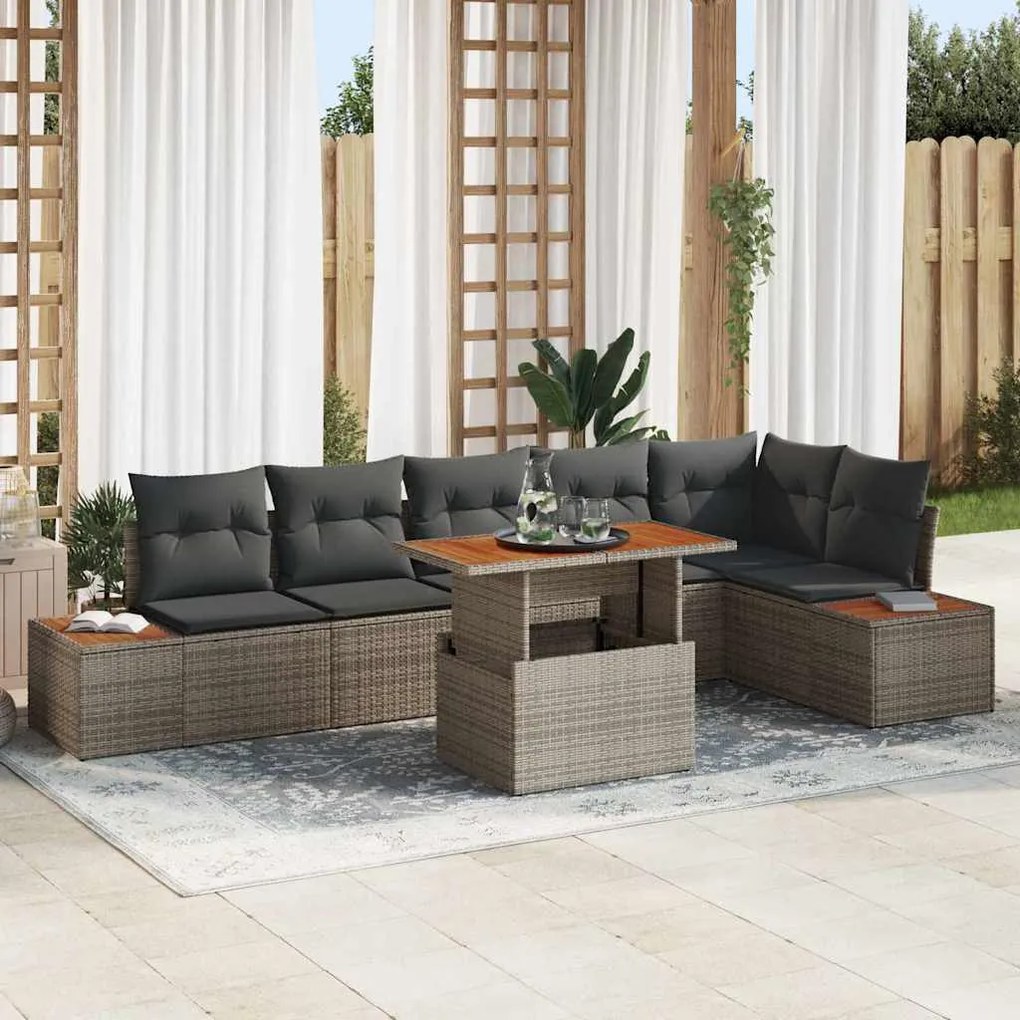 vidaXL Conjunto de Jantar de Jardim com 7 Peças e Almofadas Cinza em Rattan Poliéster e Acácia