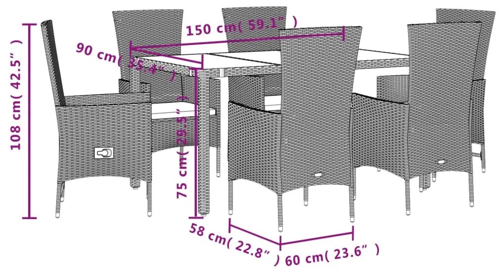 7 pcs conjunto de jantar p/ jardim com almofadões vime PE bege