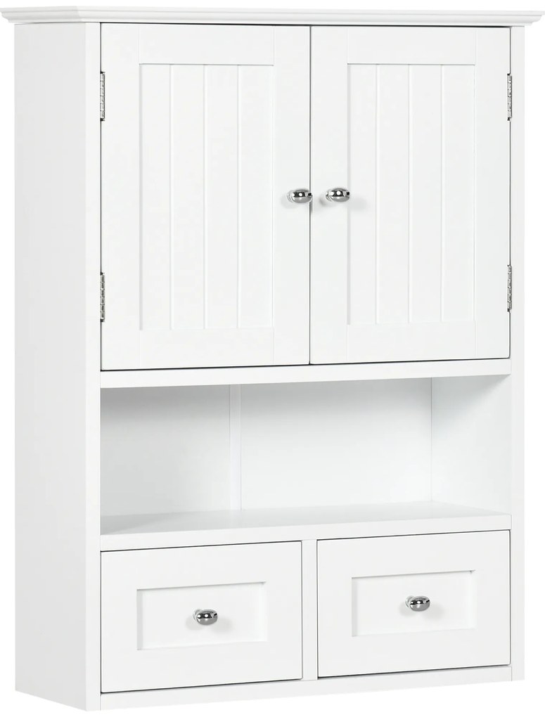 kleankin Armário de Parede para Casa de Banho com 2 Portas Prateleira Aberta e 2 Gavetas Estilo Moderno 50,8x17,8x66 cm Branco