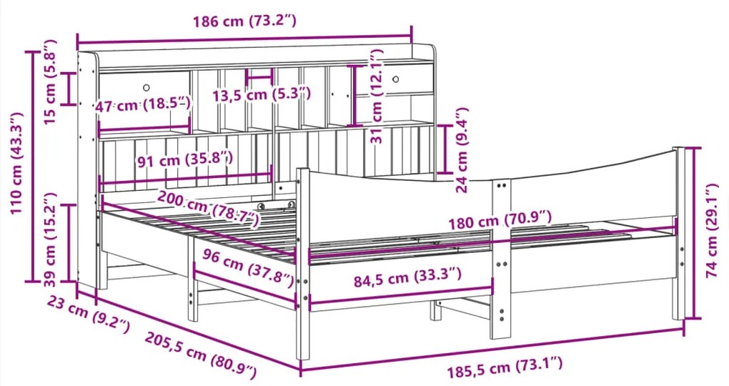 Cama sem colchão 180x200 cm pinho maciço castanho-mel