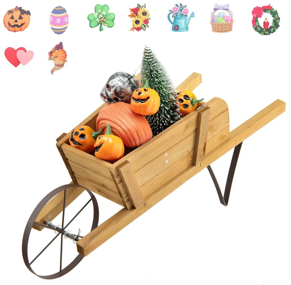Floreira Jardim de madeira de pinho forma Carrinho de mão para interior e exterior com 9 acessórios magnéticos 69,5 x 26 x 29,5 cm Natural