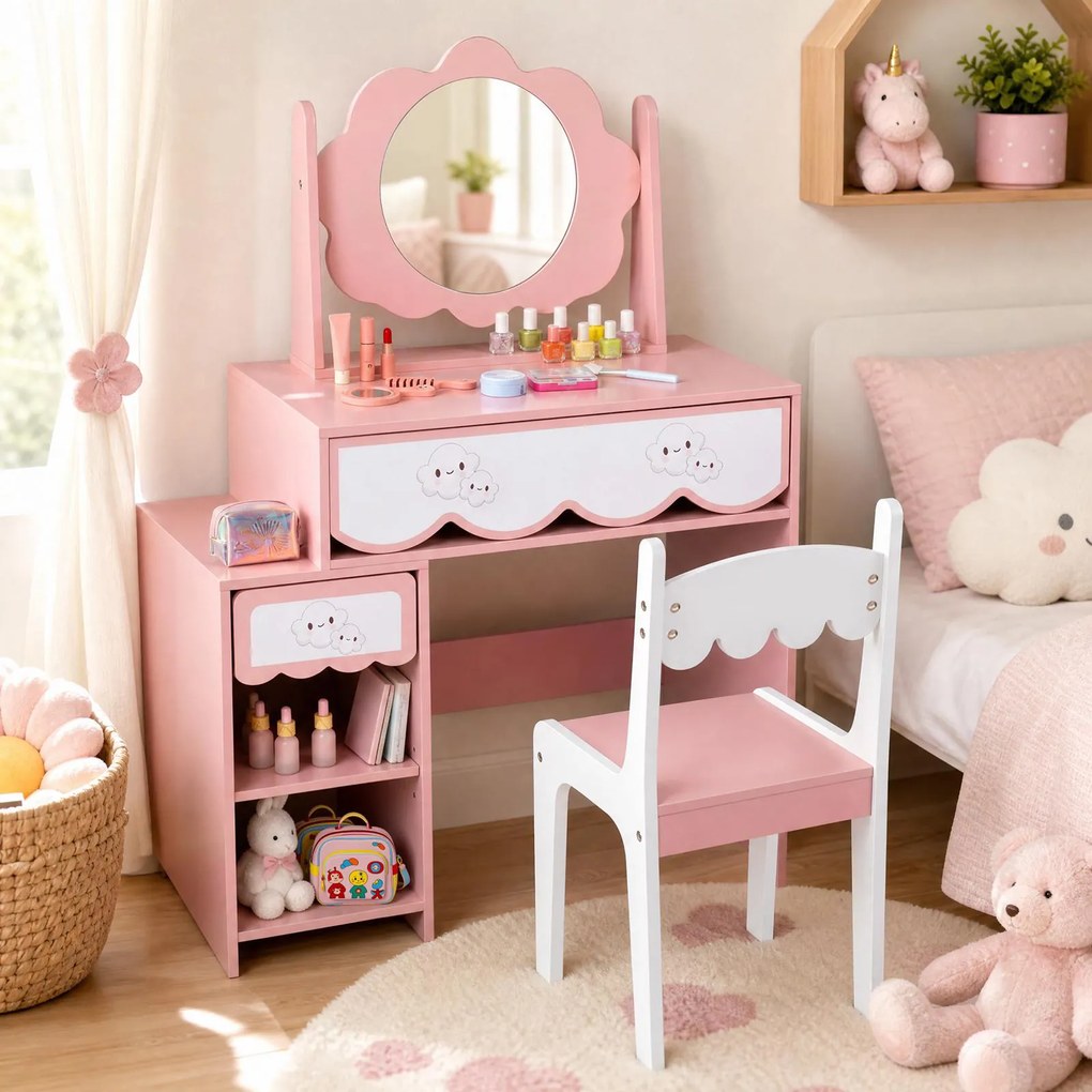 Conjunto de Toucador Infantil e Cadeira, 80 x 40 x 112 cm, Amplo Espaço de Arrumação, Cor-de-rosa