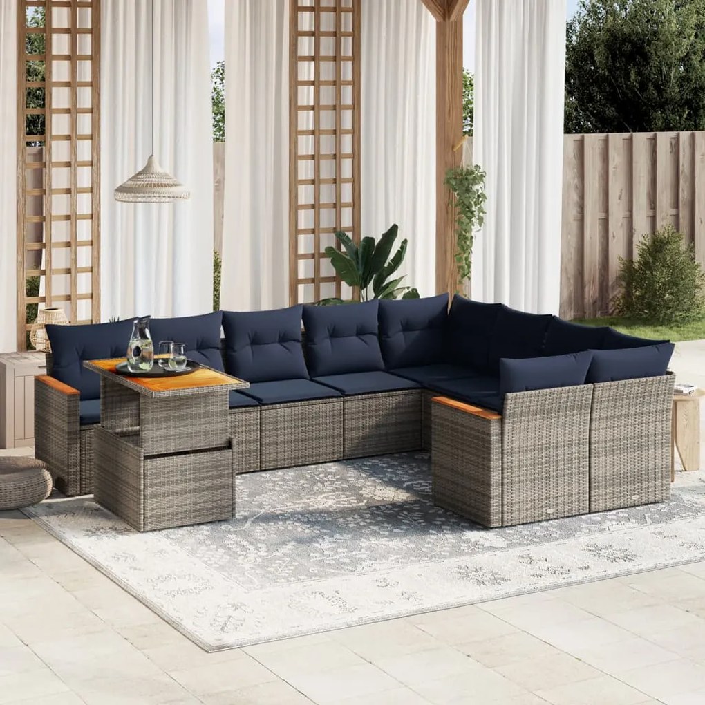 vidaXL 10 pcs conjunto sofás p/ jardim c/ almofadões vime PE cinzento