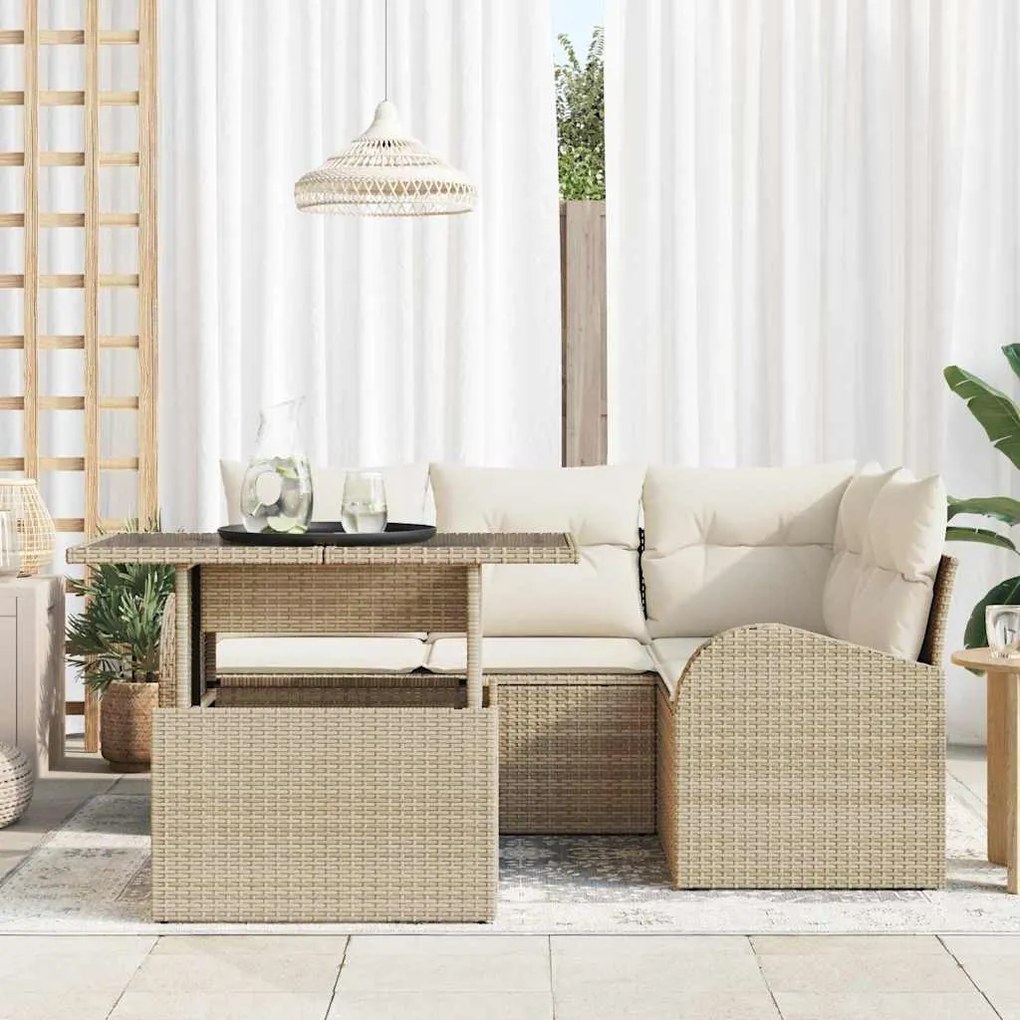 Conjunto de Sofá de Jardim 5 Peças com Almofadas Bege em Rattan Sintét
