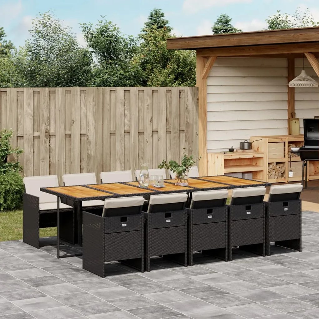 vidaXL 11 pcs conjunto de jantar p/ jardim c/ almofadões vime PE preto