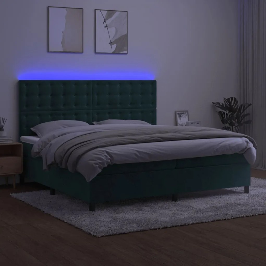 Cama box spring c/ colchão/LED 200x200 cm veludo verde-escuro