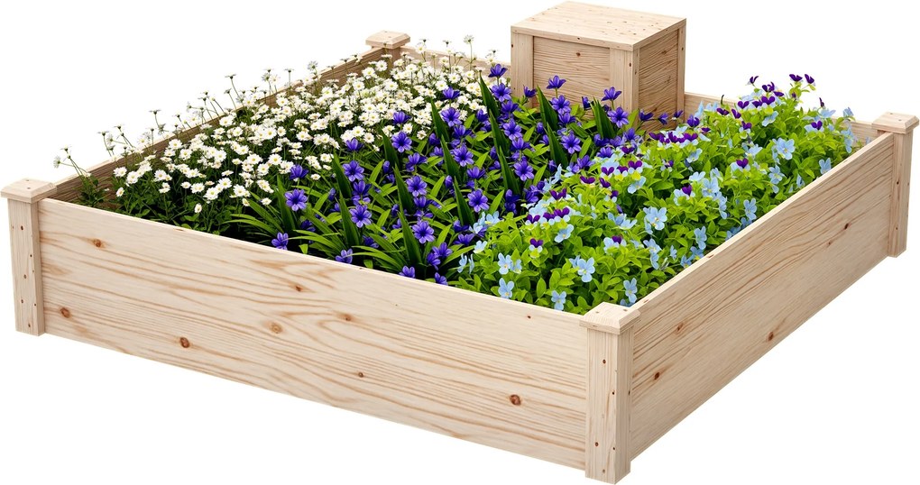 Floreira de madeira quadrada para horta exterior com caixote de compostagem de design e fundo aberto, 123 x 123 x 25,5 cm, madeira natural