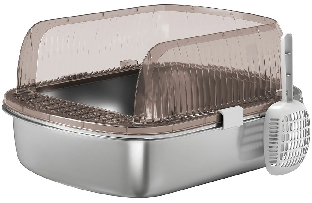 PawHut Caixa de Areia para Gatos Fechada com Bandeja em Aço Inoxidável Bordas Altas Pá para Gatos Grandes 53x42x27 cm Cinzento | Aosom Portugal