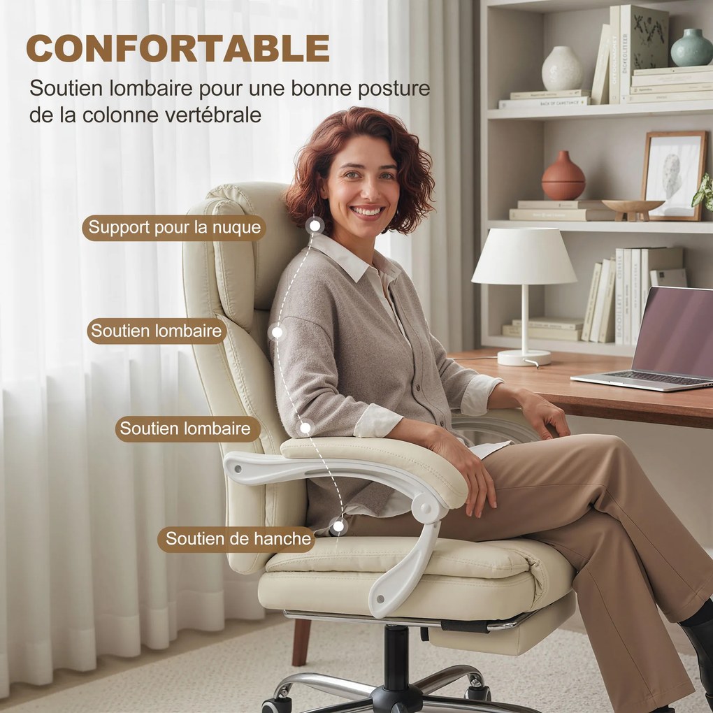 Cadeira de escritório ergonómica, cadeira de escritório com encosto reclinável, altura ajustável, 64x73x112-120 cm, bege