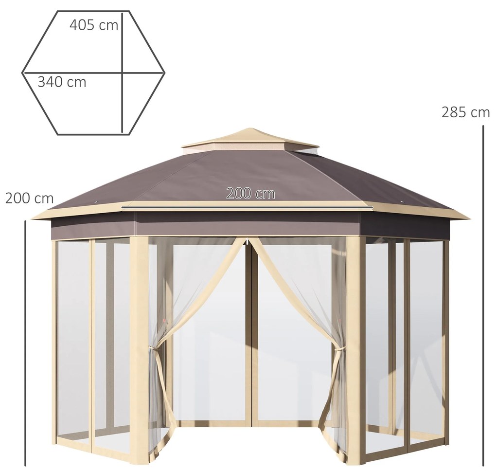 Tenda Dobrável 4,05x3,4x2,85 m Tenda de Jardim Hexagonal com Duplo Tet
