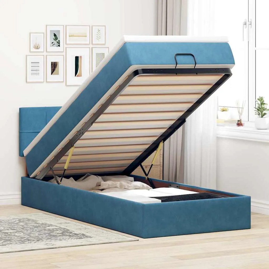 Estrutura cama otomana com colchão azul escuro 90x190cm veludo