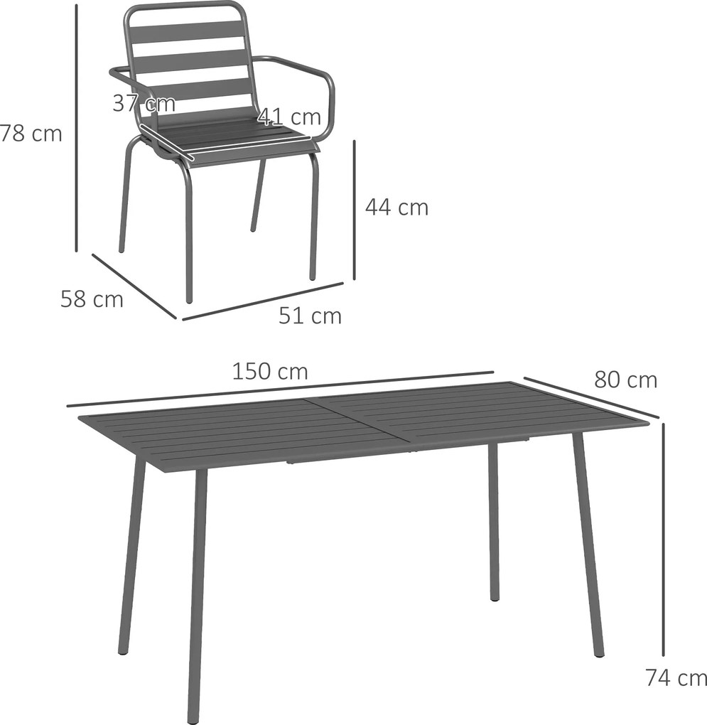 Conjunto de jardim para refeições, composto por 7 peças, com 1 mesa e 6 cadeiras empilháveis em aço cinzento escuro